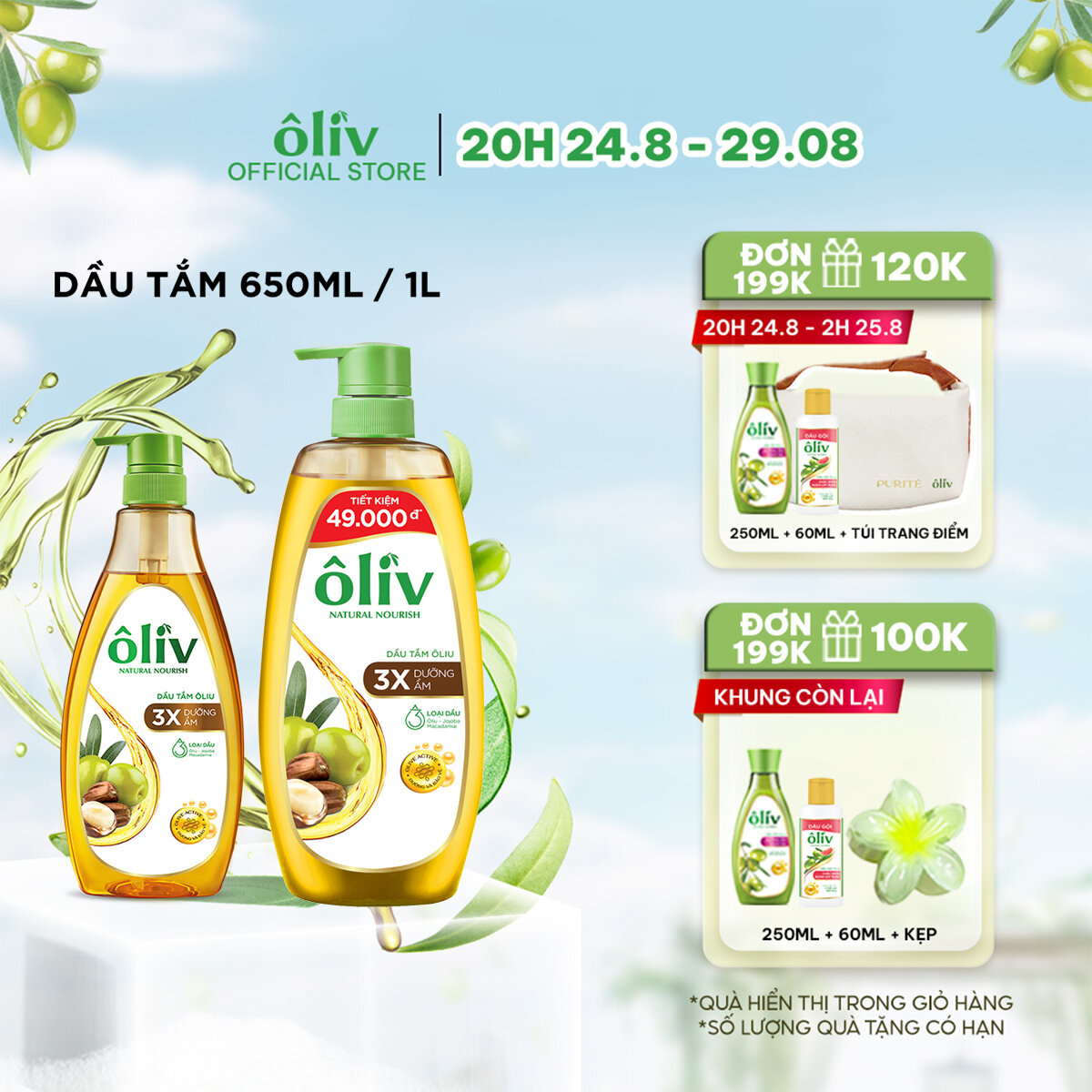 Dầu tắm ôliv 3x dưỡng ẩm 650ml/1l