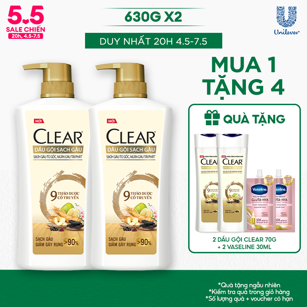 Combo 2 Dầu Gội CLEAR 9 Thảo Dược Cổ Truyền Sạch Gàu Giảm Gãy Rụng 630G x 2