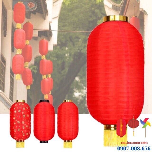 Đèn lồng dài bằng vải, lồng đèn trụ vải có tua rua màu đỏ Size 60cm/ 50cm/ 40cm /30cm có khả năng chịu mưa