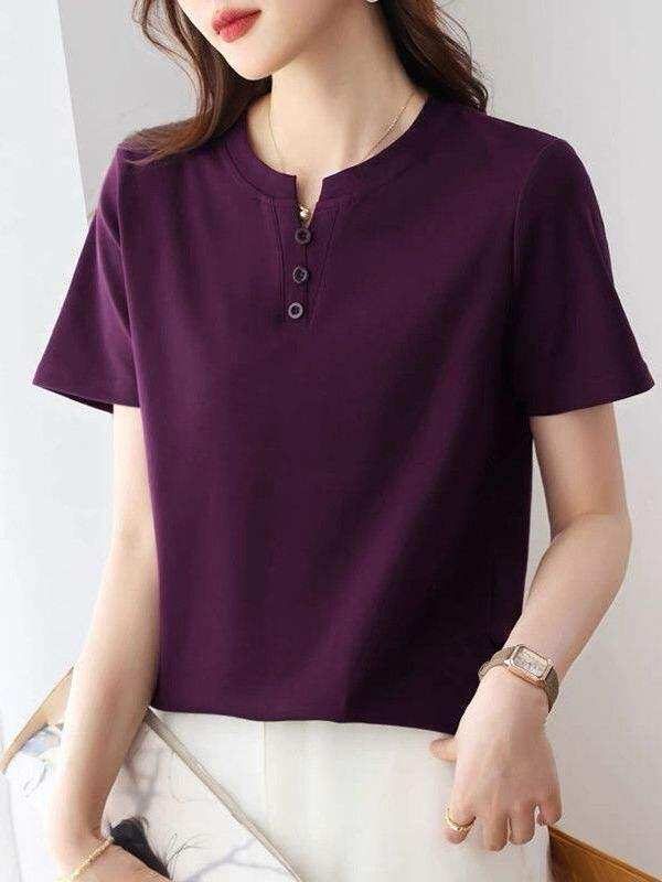 HUAXUNRAN | Áo Thun Nữ Hè Cổ V Tay Ngắn Dễ Thương Phong Cách Bền Size Lớn