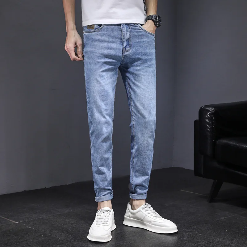 Nam Slim Fit Quần Jean Dài Thường Quần Ống Suông Lưng Thun Thoáng Khí Thường Chữ Nam