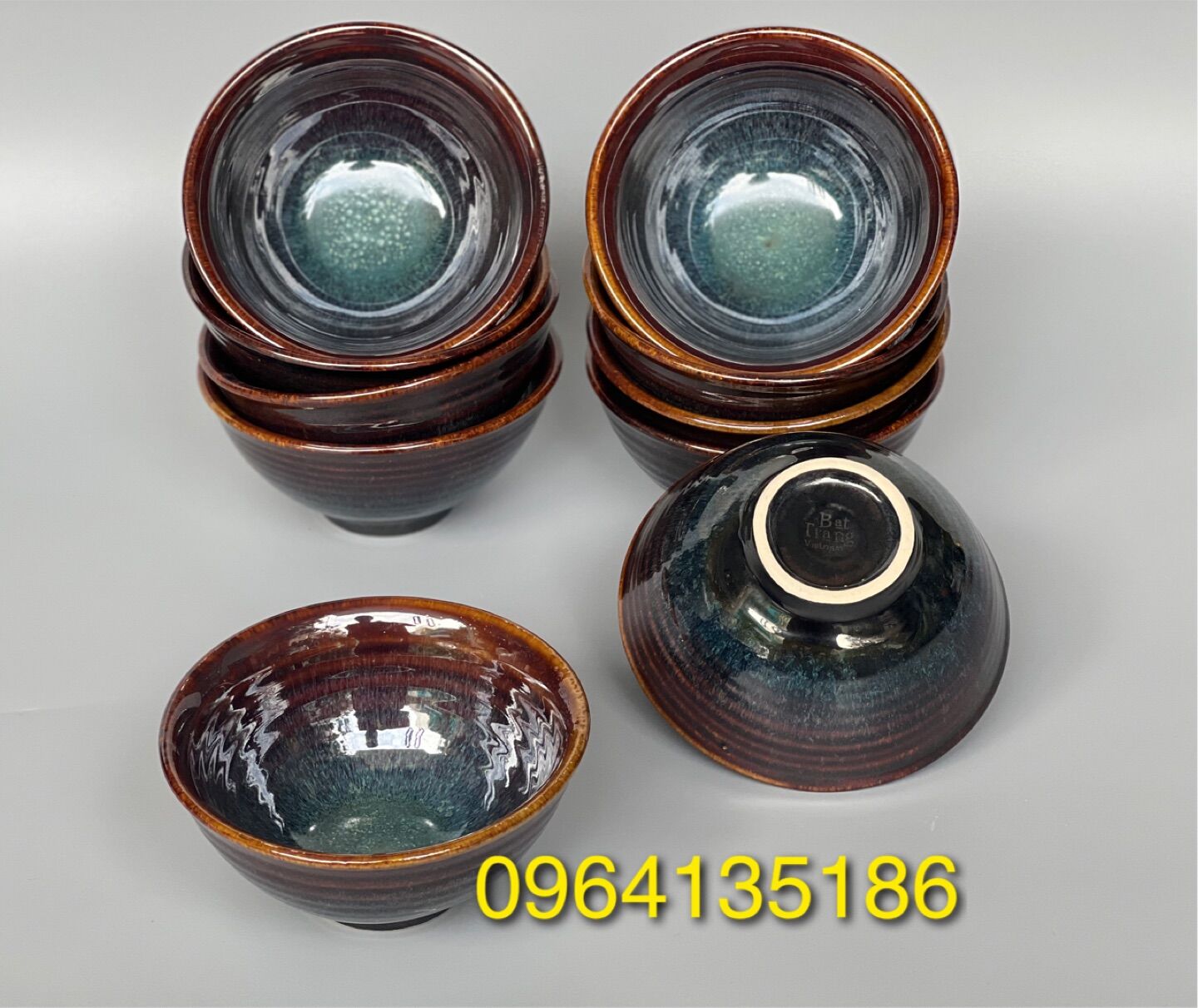 Set 10 bát cơm đáy nhọn f11cm men hoả biến lam gốm sứ Bát Tràng