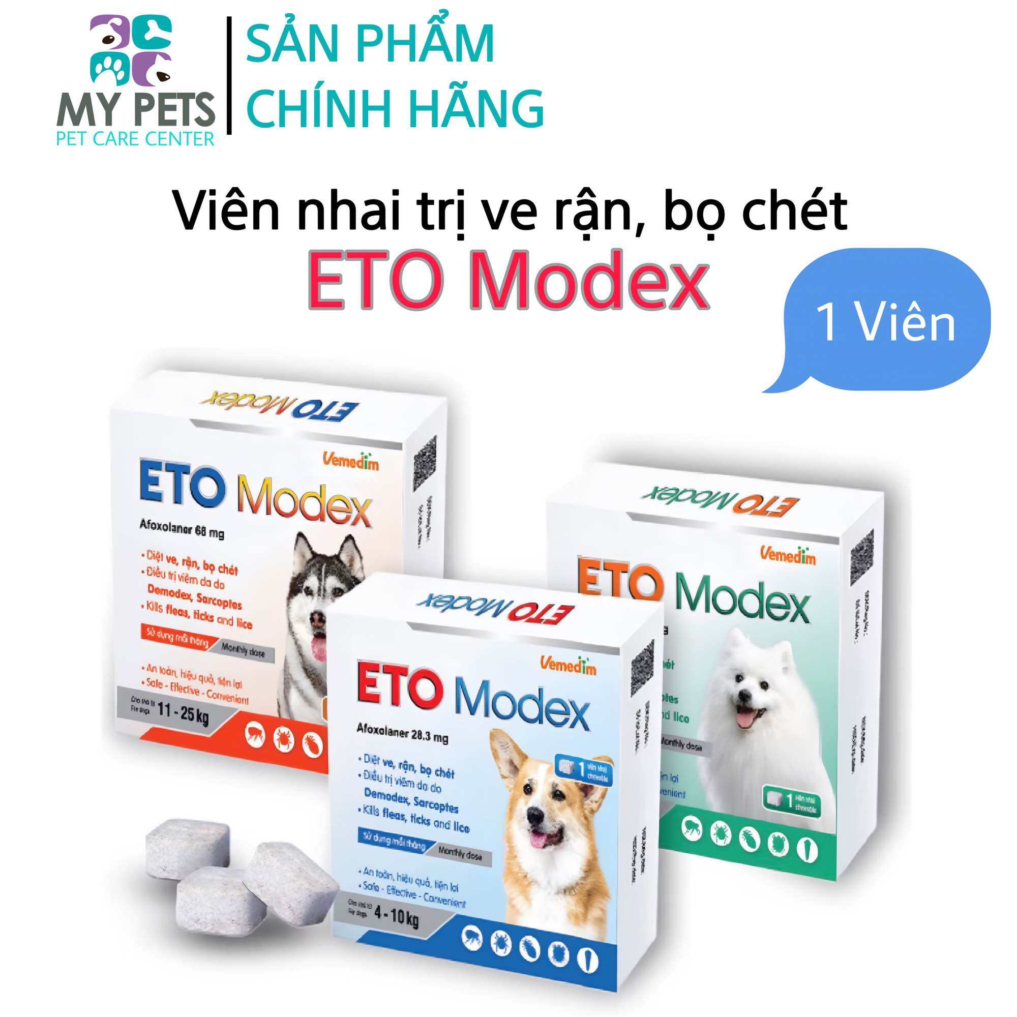 Vemedim ETO Modex - Diệt ve, rận, bọ chét, điều trị viêm da do Demodex, Sarcoptes cho chó - (Lẻ 1 viên. no box)