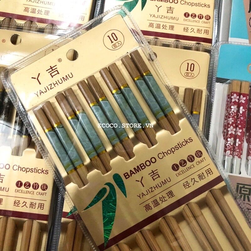 Vỉ 10 đôi đũa tre kháng khuẩn nhiều hoạ tiết