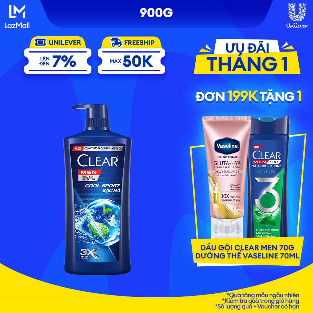 Dầu Gội Sạch Gàu Clear Men Cool Sport Bạc Hà Đánh Bay Gàu Ngứa Và Vi Khuẩn Mát Lạnh Cực Đỉnh Suốt Ngày Dài 900g