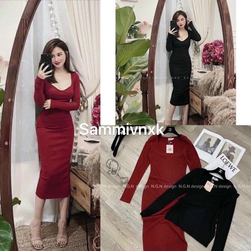Váy nhung tăm body cổ cách điệu dài tay🌸 Đầm nhung tăm dáng dài🌸free ship