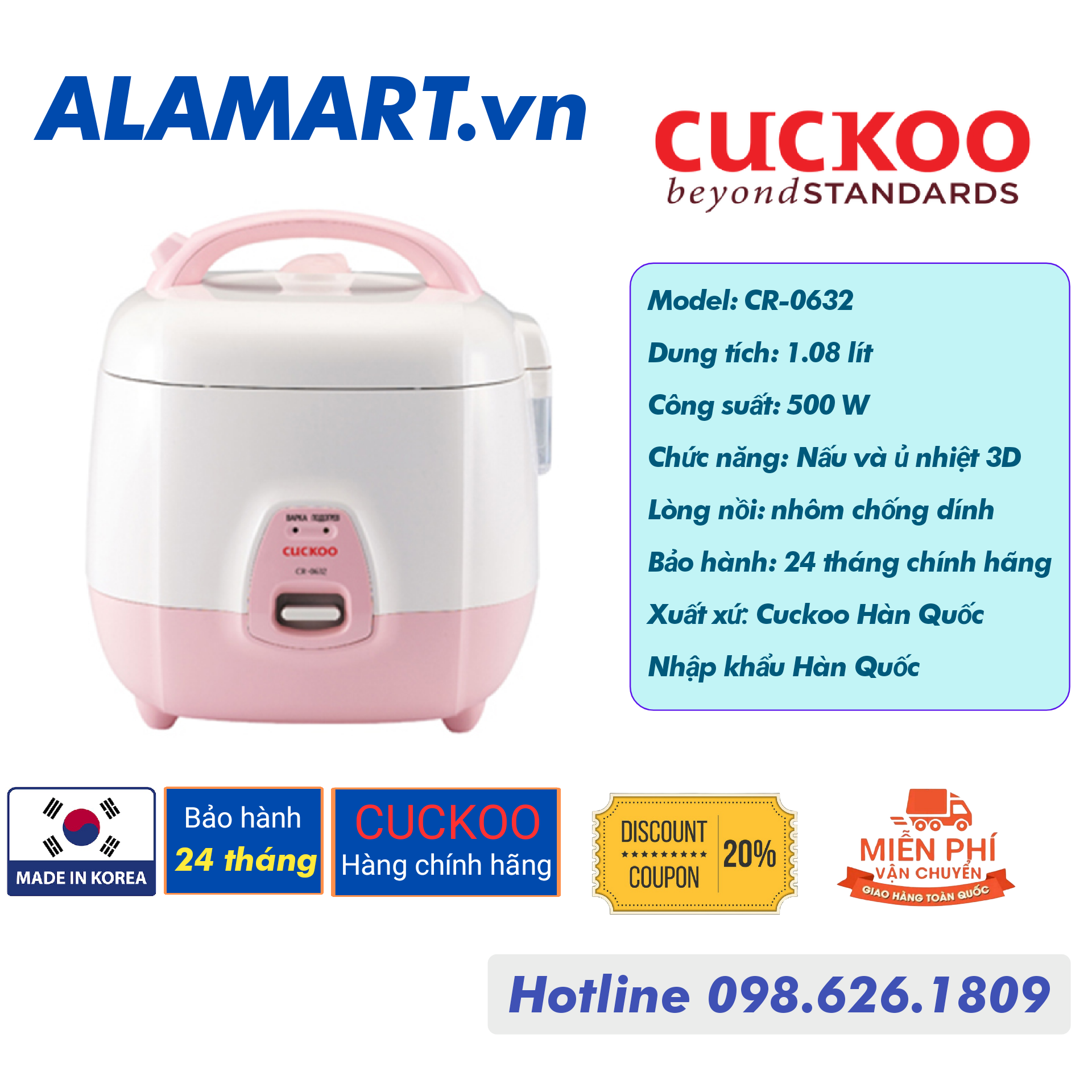 Nồi cơm điện 1,08 lít cuckoo cr-0632 made in korea
