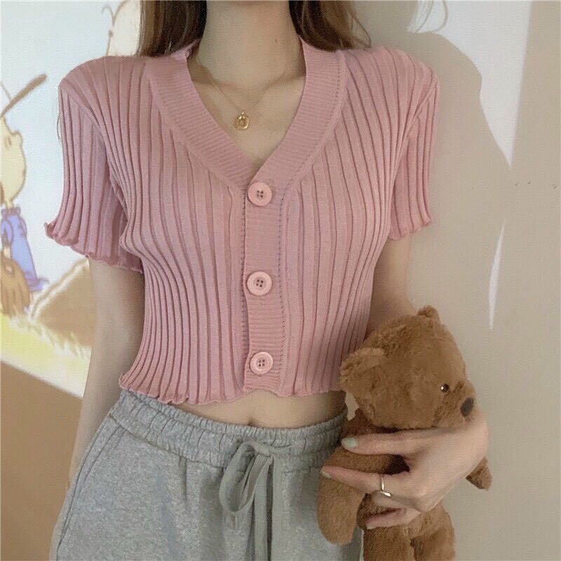 Áo thun Croptop Viền Bèo Thun Gân, Cúc xinh