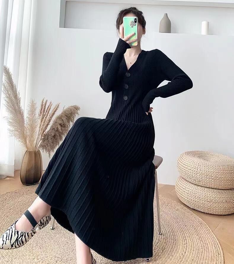 Váy len dáng dài cổ chữ V eo thon cao cấp