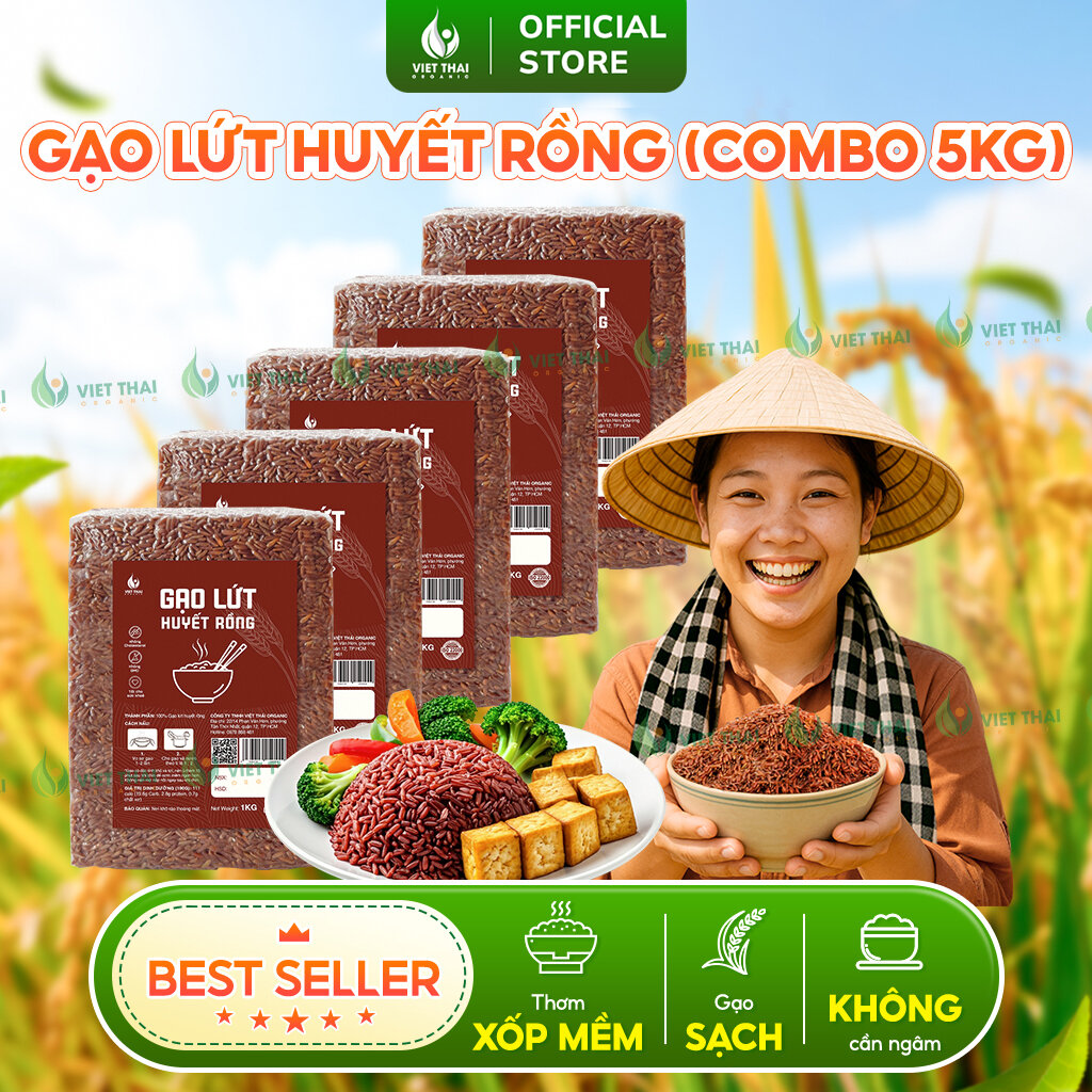 [COMBO 5KG TIẾT KIỆM] Gạo Lứt Huyết Rồng Ăn Kiêng Eatclean Thực Dưỡng Ít Calo Thơm Ngon Xốp Mềm Việt Thái Organic