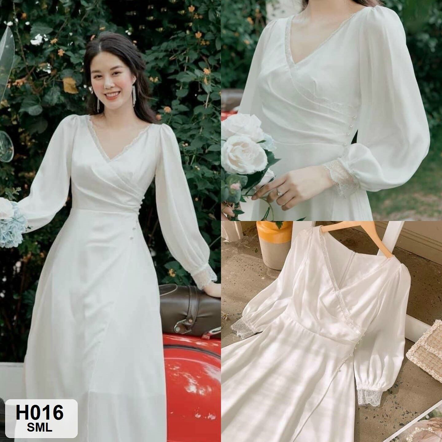 Đầm dự tiệc màu trắng punmax hq016 dáng váy tiểu thư tay dài phối ren size s m l