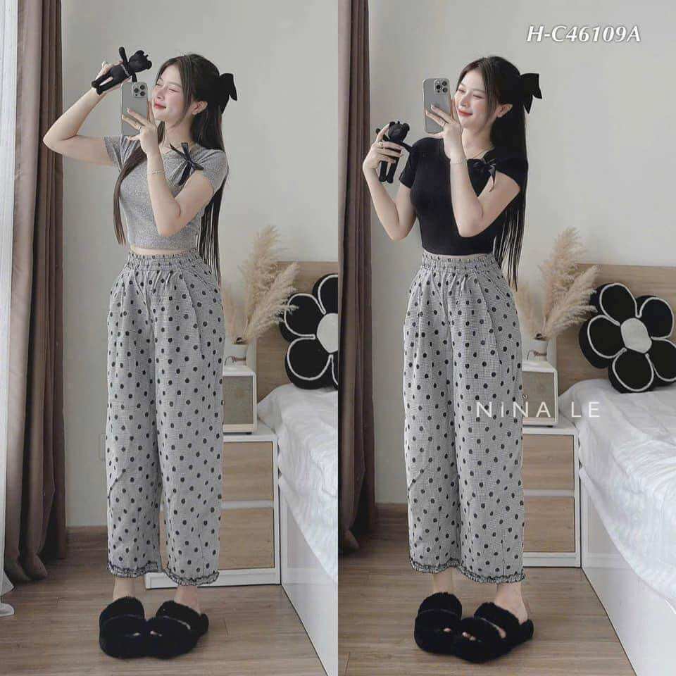 Set bộ áo croptop đính nơ mix quần xuông ống rộng chấm bi