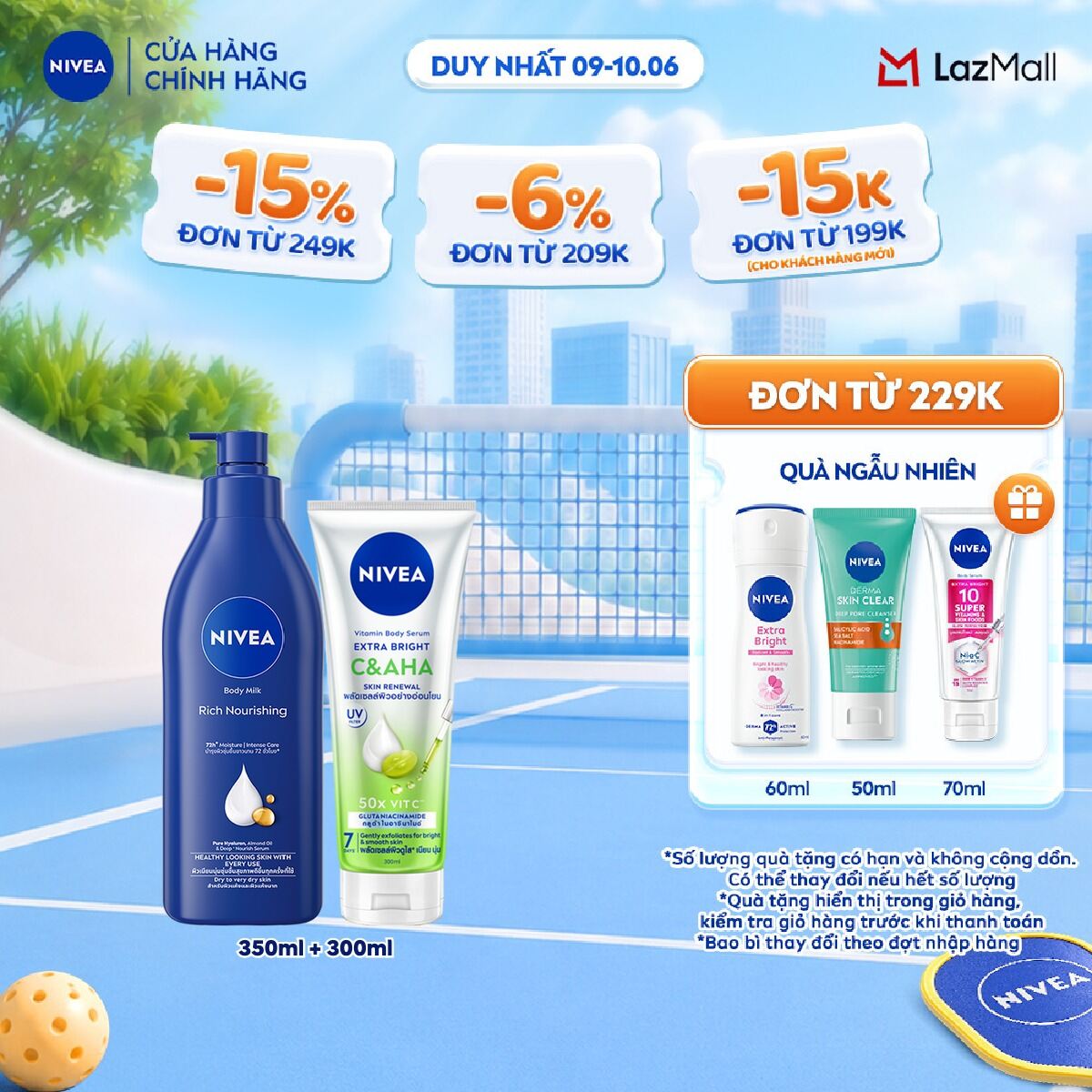 Bộ Sữa Dưỡng Thể NIVEA Dưỡng Ẩm Chuyên Sâu 48H (380 ml) và Serum Dưỡng Thể NIVEA Vitamin Extra Bright CAHA (300 ml)