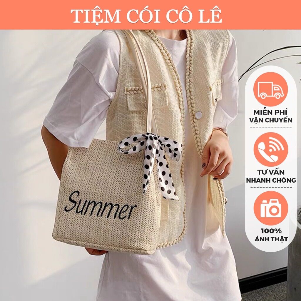 Túi cói đi biển summer phối nơ chấm bi đen - tiệm cói cô lê