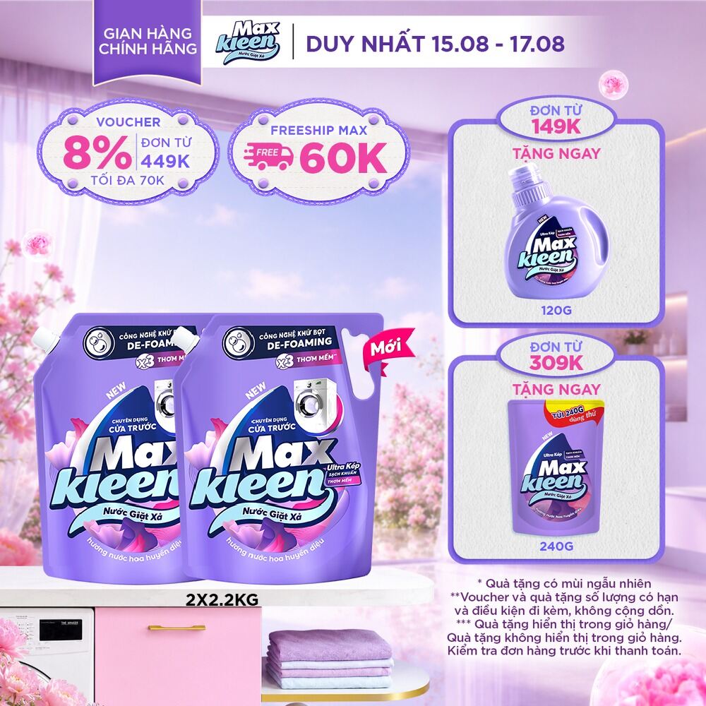 Combo 2 Nước giặt xả cho máy giặt cửa trước MaxKleen hương Huyền Diệu 2.2kg