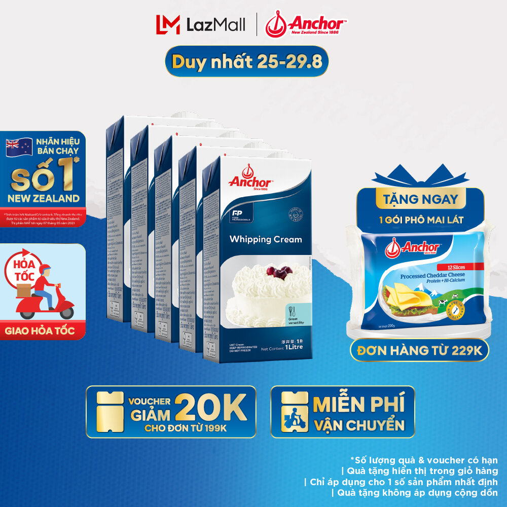 Combo 5 Kem sữa tươi tiệt trùng Anchor Whipping cream hộp 1 lít