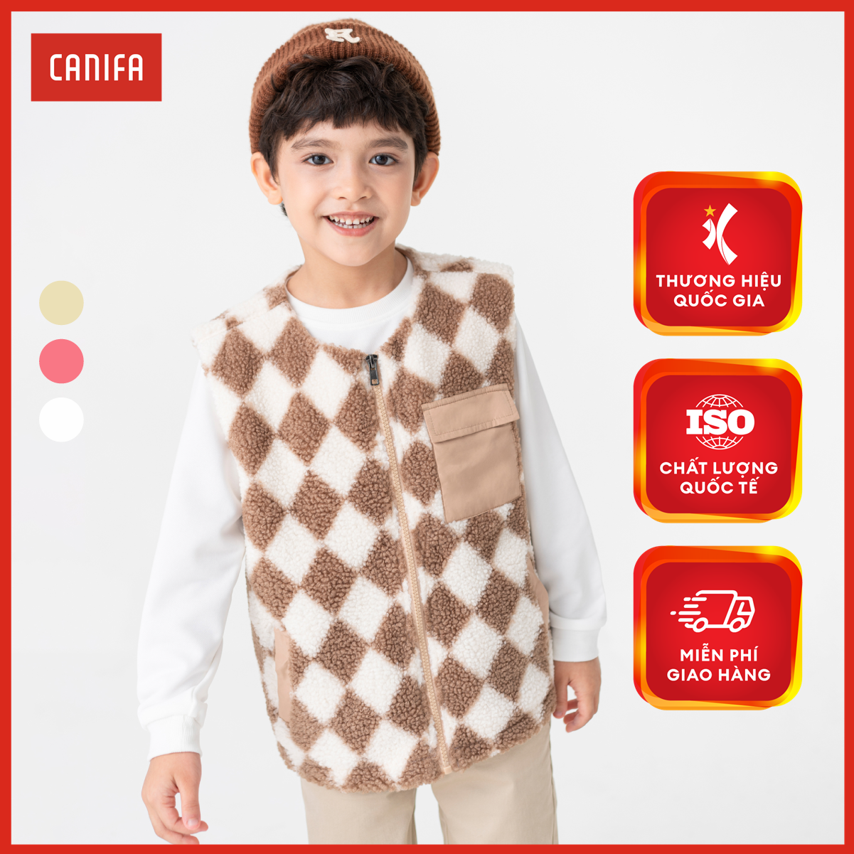 Áo khoác gilet bé trai hai lớp giả lông họa tiết trám CANIFA 2OT23W009