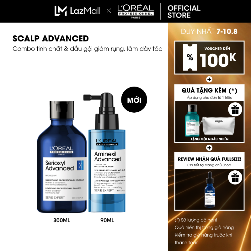 Combo Tinh chất giảm rụng Aminexil Advanced 90ml & dầu gội Serioxyl Advanced làm dày tóc chuyên nghiệp 300ml