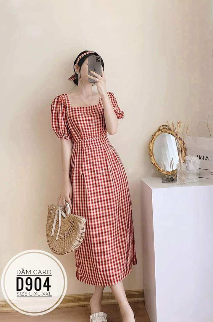 Bigsize Đầm Caro Cổ Vuông