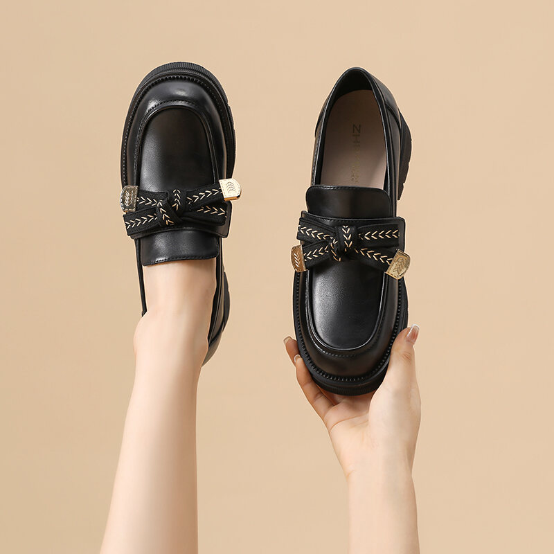 Giày Loafer Giày Nữ Nhãn Dán Đế Dày Da Thật Giày Một Lớp Miệng Sâu Anh