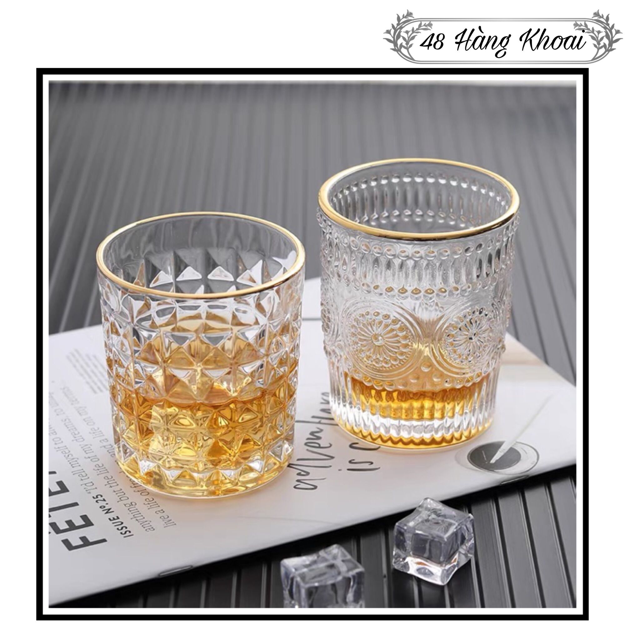 Bộ 6 cốc thuỷ tinh mặt trời viền vàng - 2 size