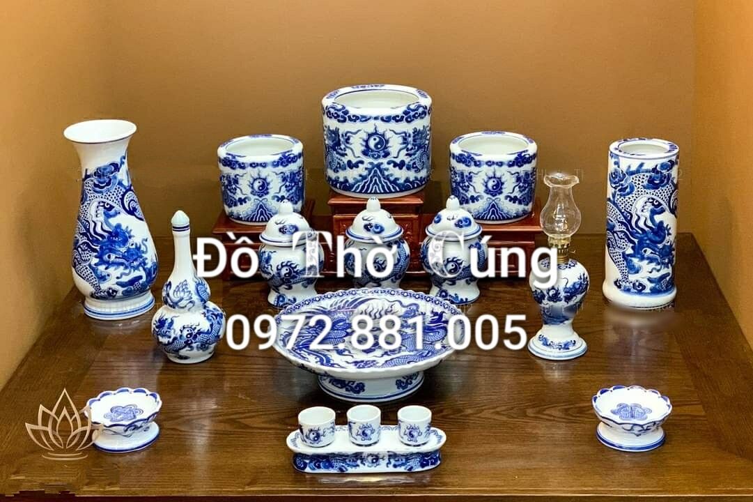 Bộ kỷ chén thờ men lam , hàng 3D vẽ kĩ  (T. A)
