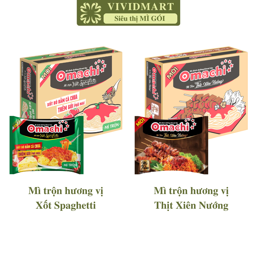 [THÙNG 30 GÓI] - MASAN - Mì gói trộn Omachi 2 vị: Spaghetti, Thịt xiên nướng (82- 91g/gói) - Omachi 