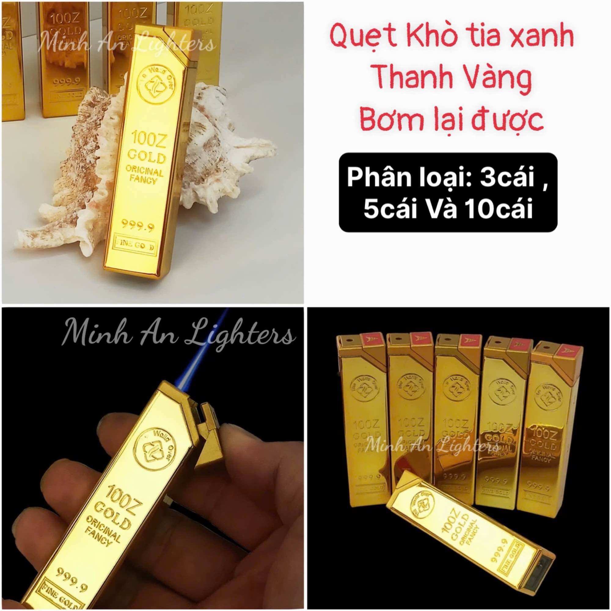  Hột Quẹt Bật lửa khò tia xanh vỏ kim loại Thanh Vàng Gold óng ánh bơm lại được 