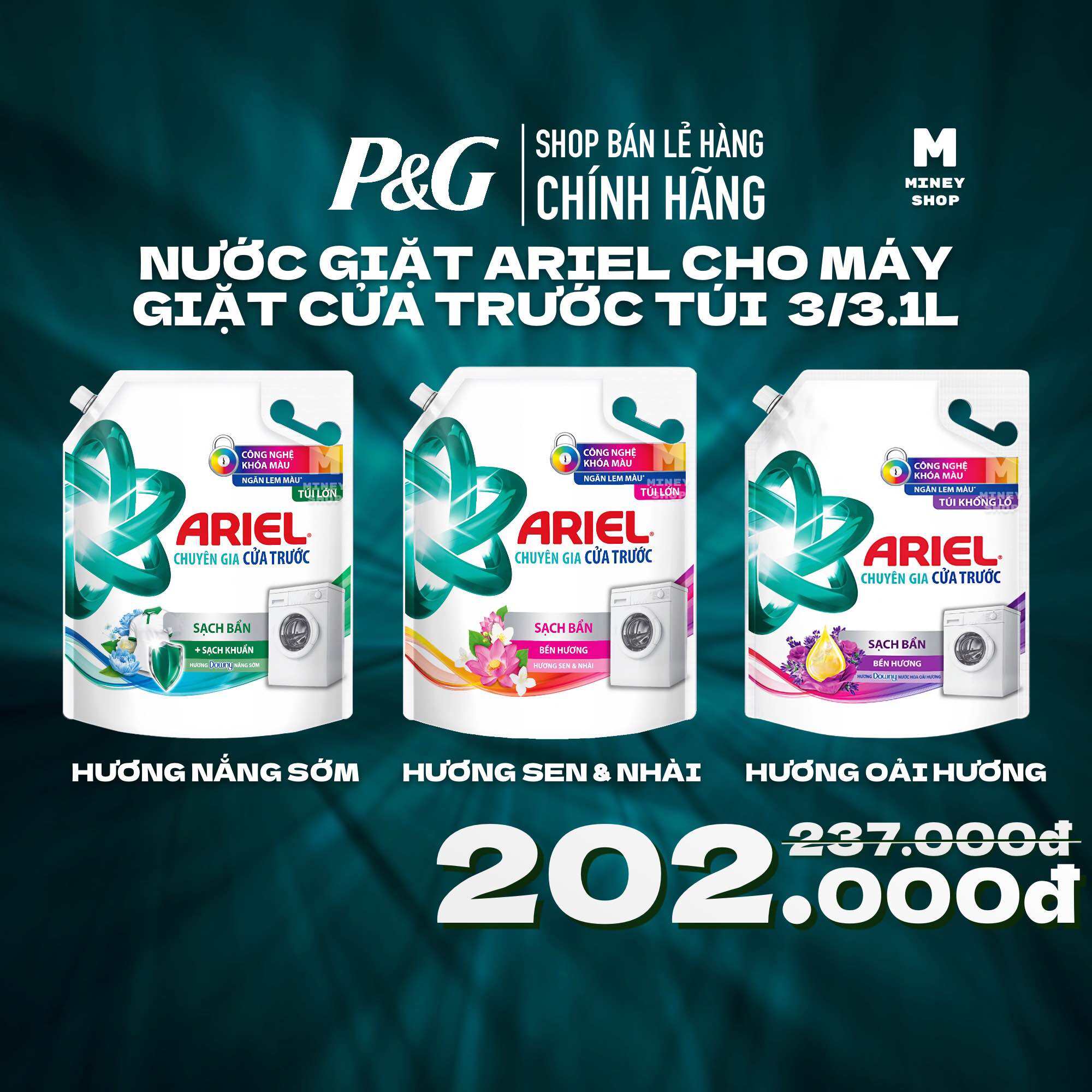 Nước Giặt Ariel Cửa Trước Hương Downy Nắng Sớm | Oải Hương | Sen & Nhài 3/3.1L (3.05/3.2kg)