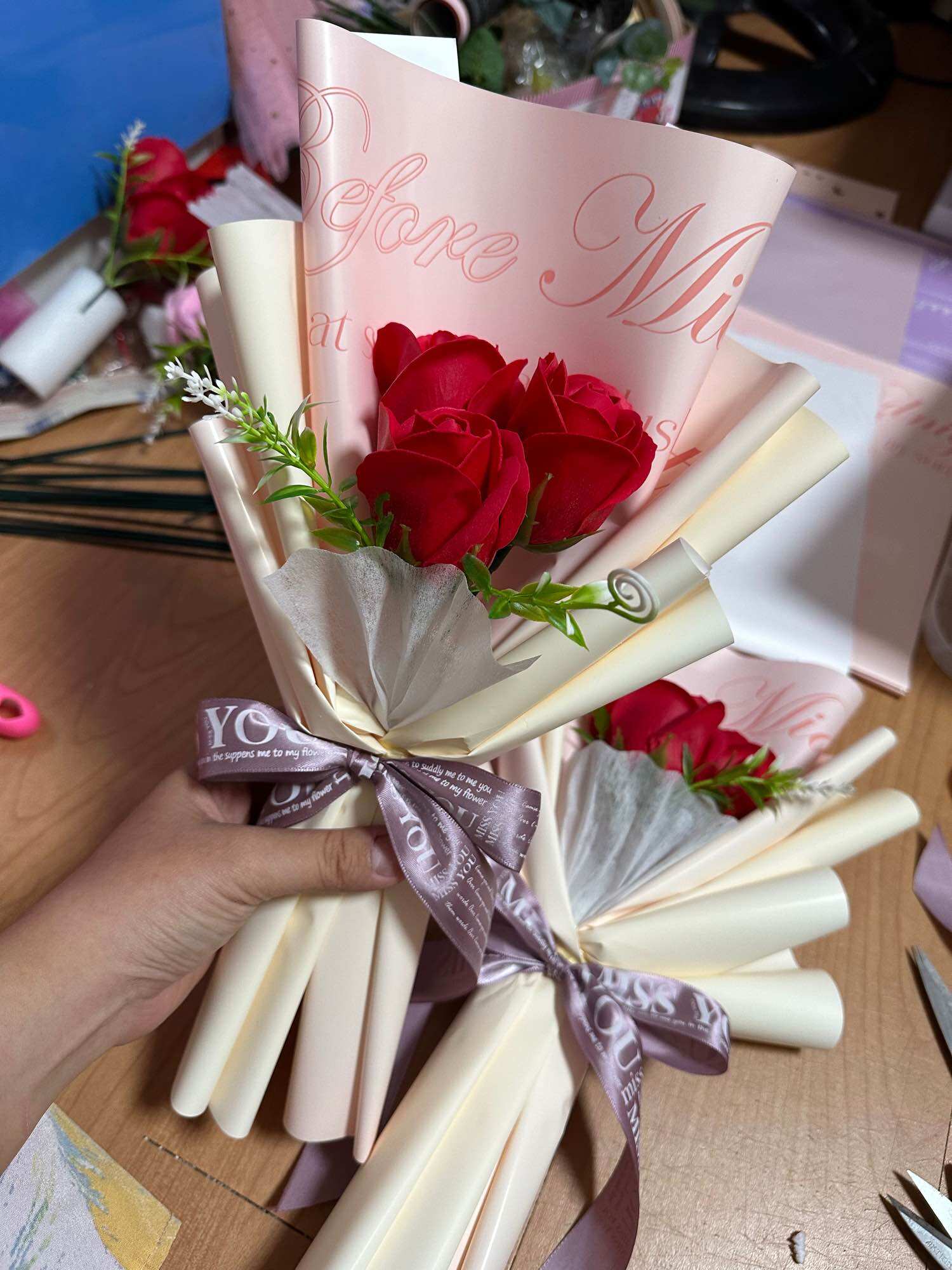 [Hcm]Wax Roses, Bouquet of 3 Flowers (with Bag + Card)