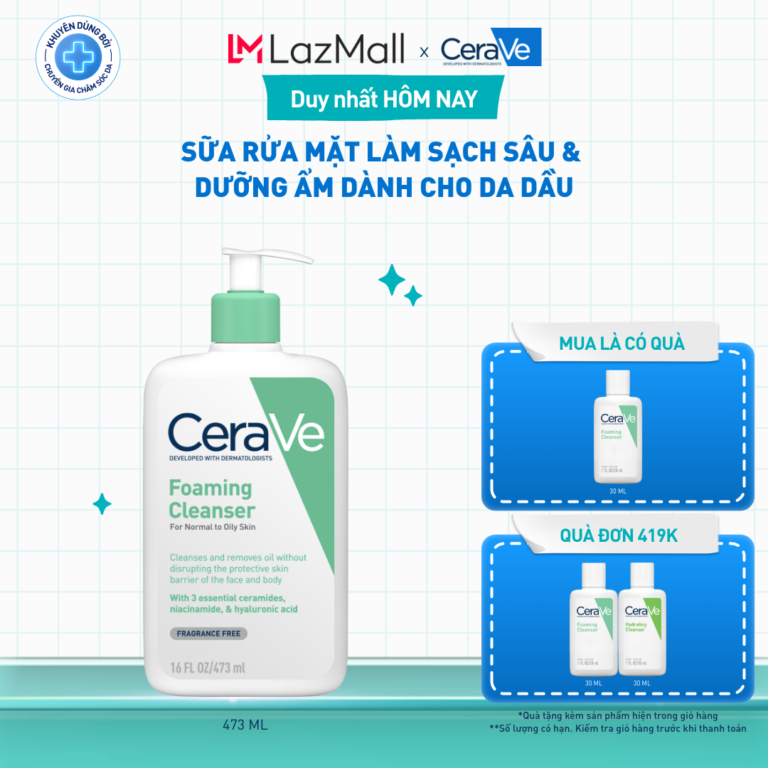 Sữa rửa mặt foaming giúp làm sạch sâu và dưỡng ẩm dịu nhẹ dành cho da dầu - CeraVe Foaming Facial Cleanser 473ML
