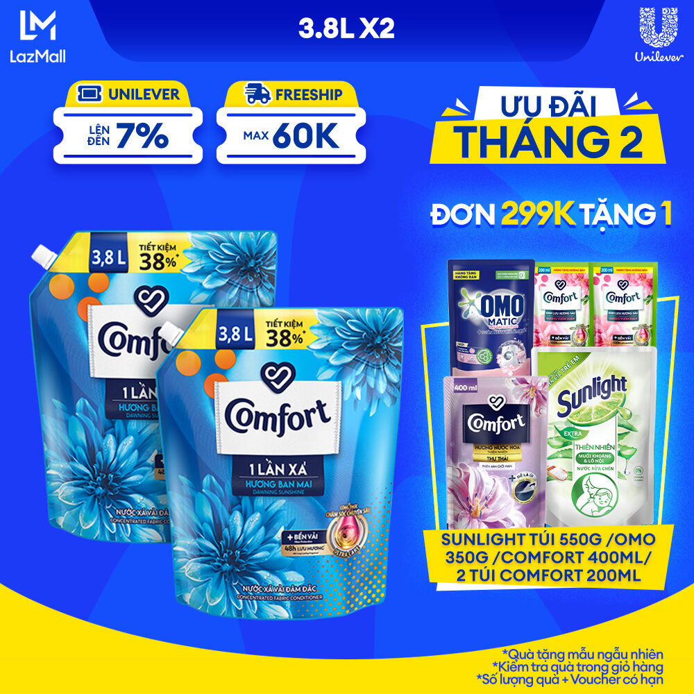 Combo 2 Túi Nước Xả Vải Comfort Đậm Đặc Một Lần Xả Hương Ban Mai 3.8L