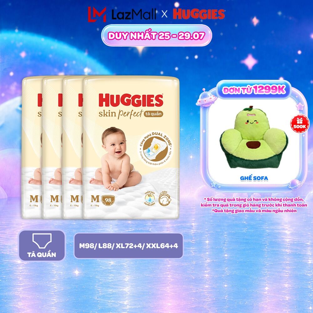 Combo 4 Tã quần Huggies Skin Perfect M98/L88/XL72/XXL64 Mega Jumbo với 2 vùng thấm giảm kích ứng da