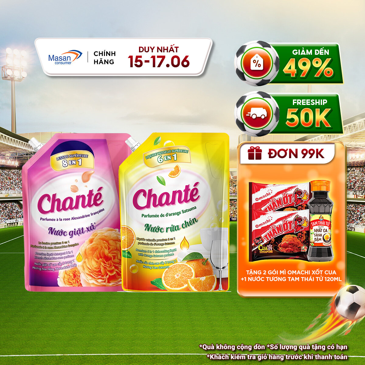 Combo 1 Túi Nước giặt xả Chanté Cao Cấp 8 Trong 1 3.05kg và 1 Túi Nước rửa chén Chanté 3.2kg