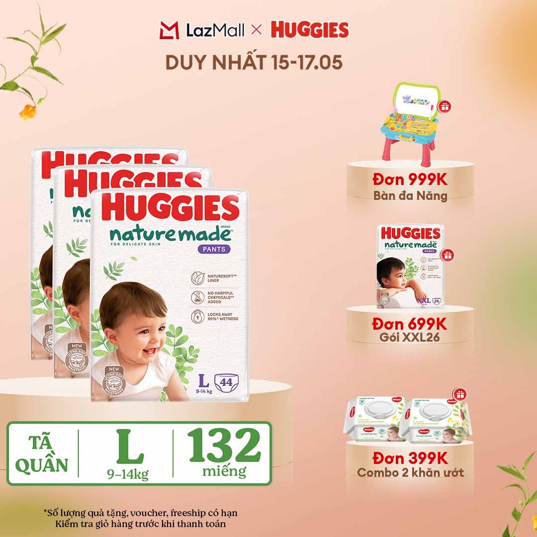[CHỈ 15-17.05 QUÀ TẶNG ĐƠN 399K](Mua 1 tặng 1)  Combo 3 Tã/Bỉm quần HUGGIES PLATINUM NatureMade L44 (9-14kg)-Gói Jumbo 44 miếng