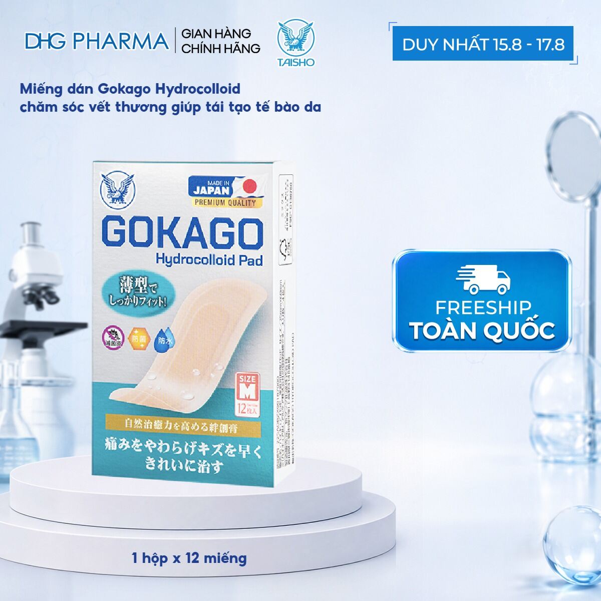 Miếng dán Gokago Hydrocolloid chăm sóc vết thương giúp tái tạo tế bào da, 1 hộp 12 miếng, size M