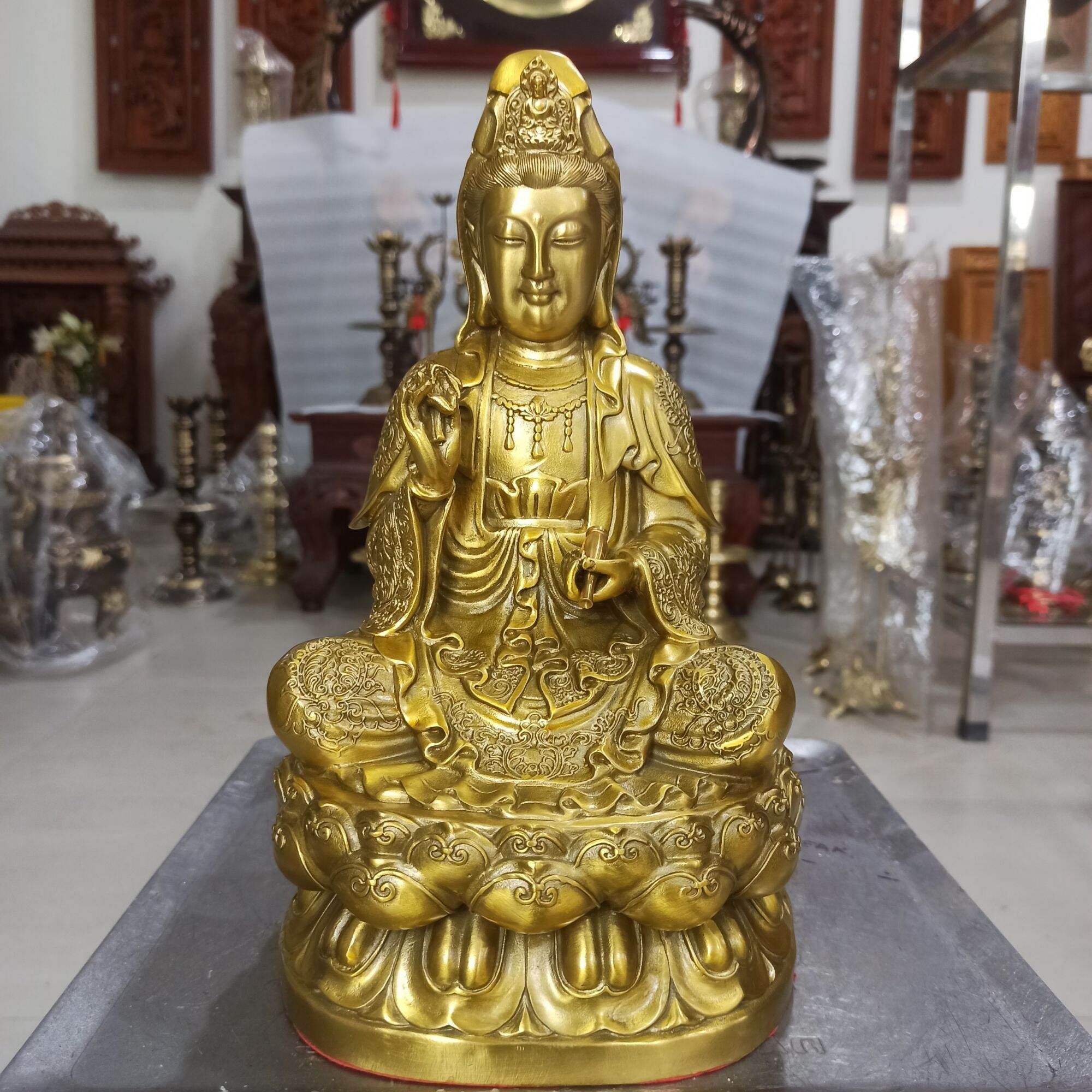 Tượng mẹ quan âm bồ tát cao 29cm đồng vàng, tượng phật quan âm toạ đài sen bằng đồng vàng