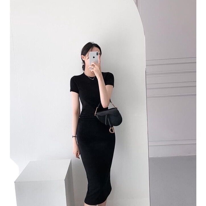 Váy body cổ tròn nhún eo tay cộc Sam-collection[freeship]