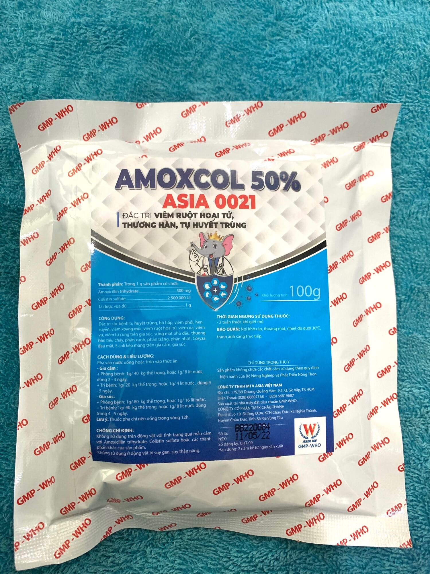 Amox 50% Đtri viêm ruột hoại tử thương hàn tụ huyết trùng gói 100 gram.