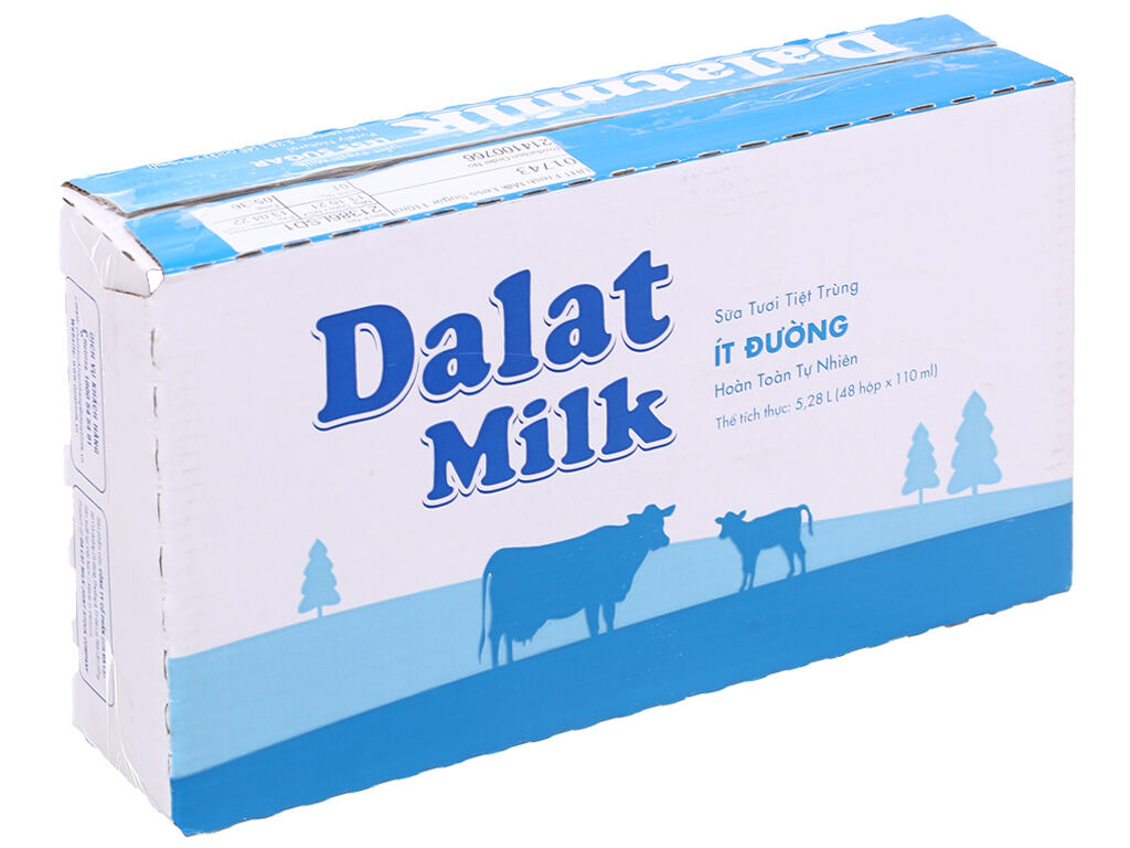 Thùng 48 hộp sữa tươi tiệt trùng Đà Lạt Milk ít đường 110ml
