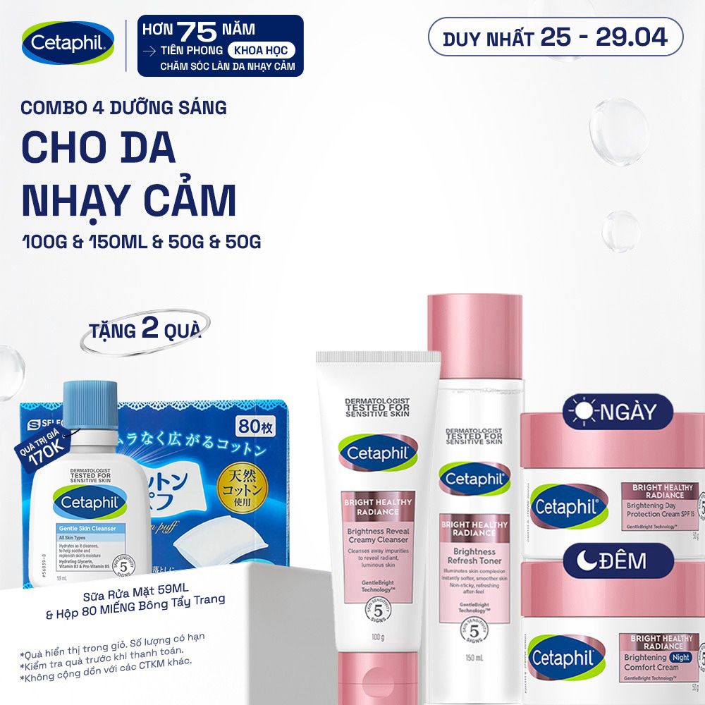 Trọn bộ 4 sản phẩm dưỡng sáng Cetaphil Bright Healthy Radiance Sữa rửa mặt 100g + Nước cân bằng 150ml + Kem dưỡng ẩm ngày 50g và Kem dưỡng ẩm đêm 50g
