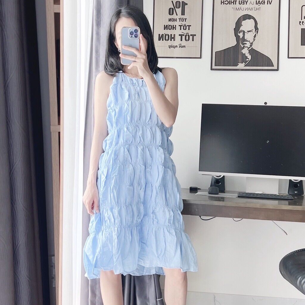 Đầm midi nhún tầng 2 dây cổ yếm xòe nhẹ dài đến gối có 4 màu pastel