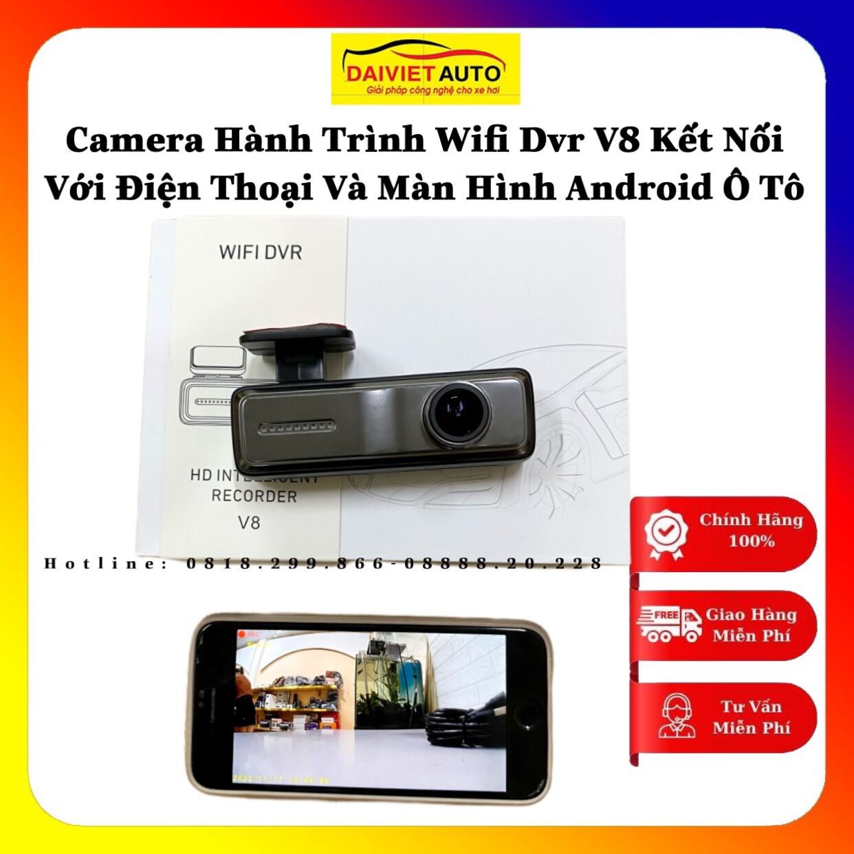 Camera Hành Trình WIFI DVR V8 Kết Nối Với Điện Thoại Và Màn Hình Android Ô