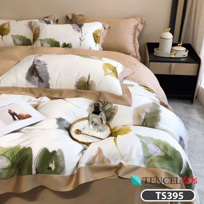 Vải lụa tencel 60s cao cấp may ga gối, vải tencel cao cấp, họa tiết chiếc lá sang trọng