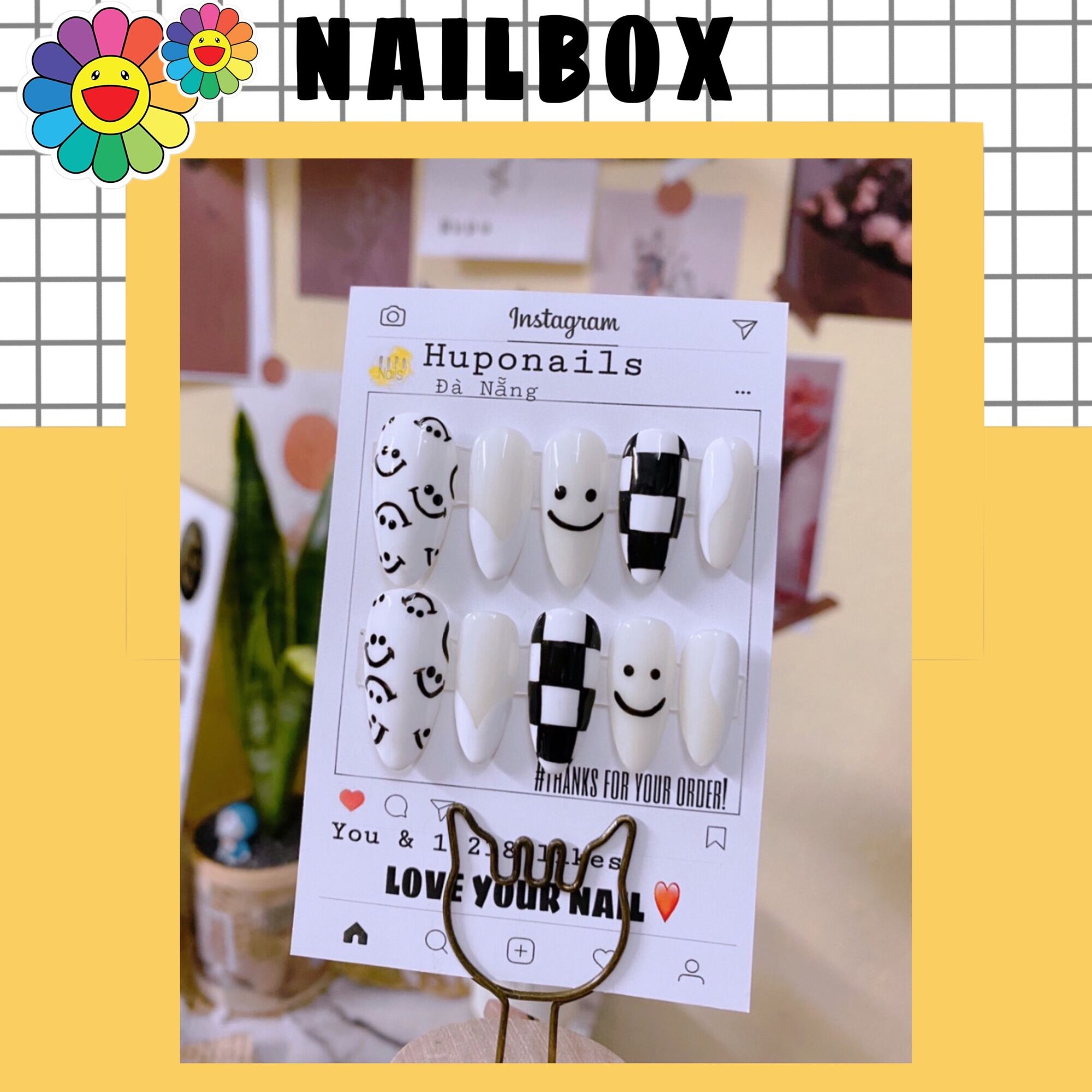 NAILBOX/Móng up thiết kế mặt cười phối bàn cờ