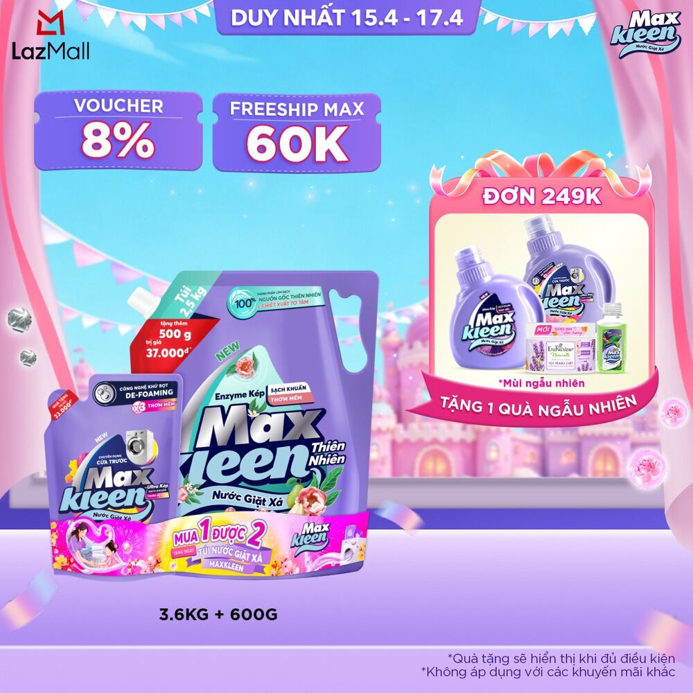 Combo Nước giặt xả MaxKleen Hương Thiên Nhiên Vườn Hoa Thanh Khiết: 1 Túi 3.6kg + 1 Túi 600g