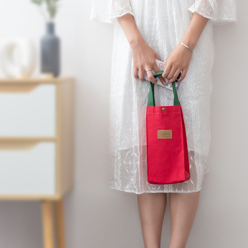 Hand Canvas Bag Portable shui bei dai Going to Work Hand Bag Universal Cup Set Simple Solid Color Small Cloth Bag Square Sling Bag