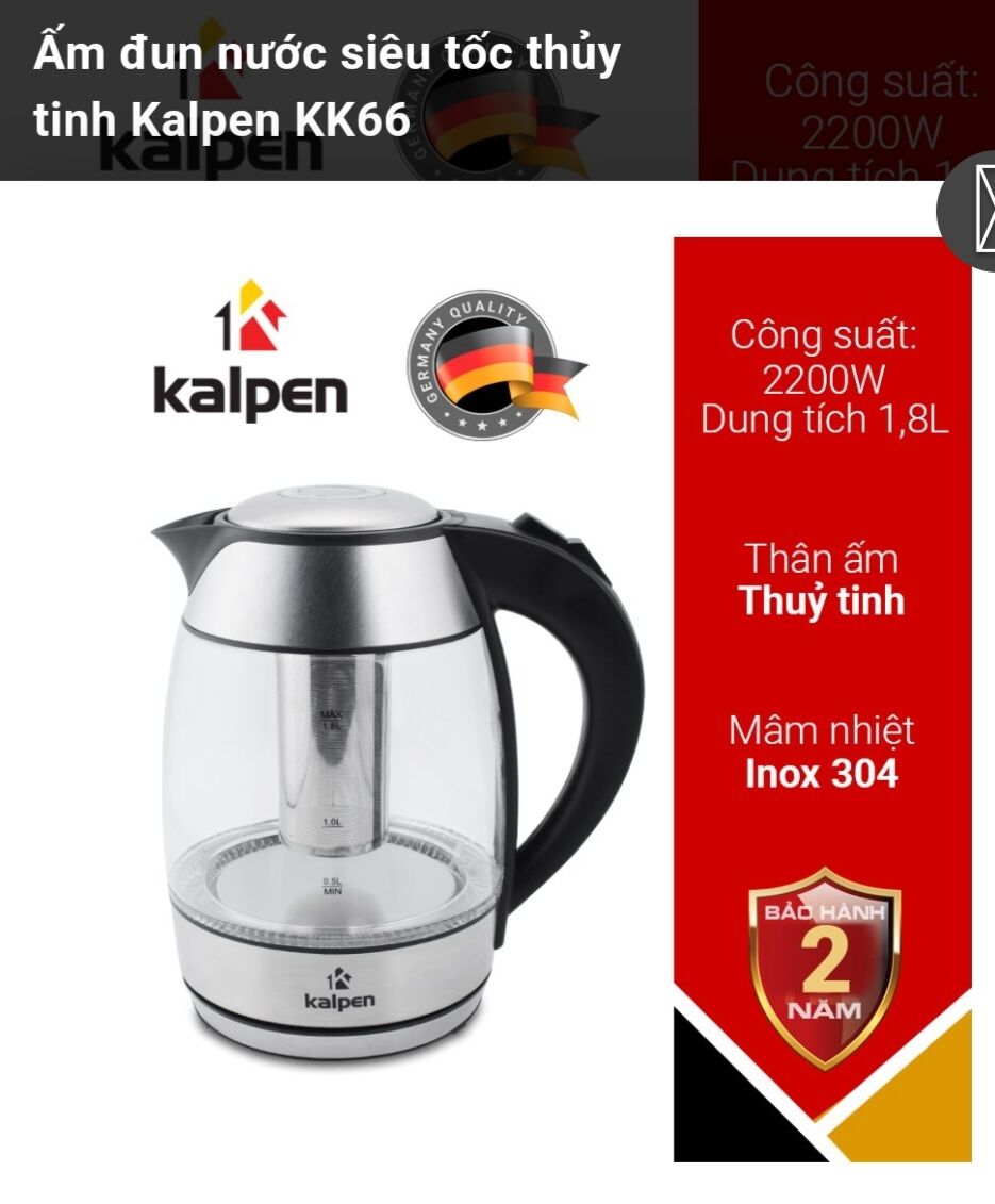 Ấm đun siêu tốc thủy tinh kalpen 1.8l kk66
