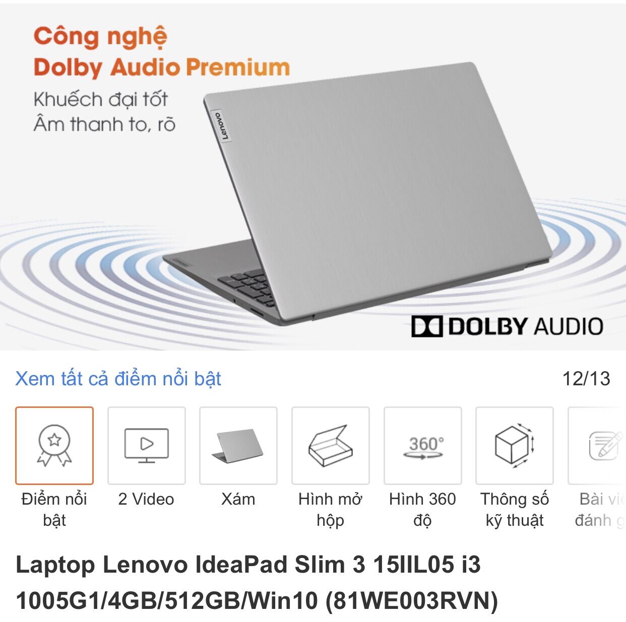 Bảng giá Laptop Lenovo IdeaPad Slim 3  CPU Intel Core i3 Ice Lake1005G11.20 GHz, 4GB, SSD 512 GB NVMe PCIe, LED 15.6 Phong Vũ