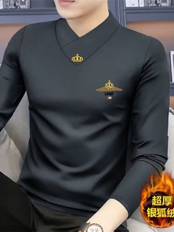 Áo Thun Nam Tay Dài Cổ Chữ V Dày Lót Lông Cừu Thời Trang Mùa Thu Đông Thường Ngày Chất Liệu Polyester Chống Bong Bóng